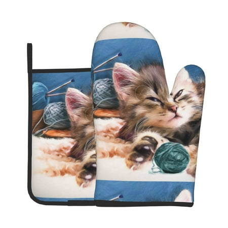 

KLL Playful Cat Pattern Oven Mitts and Pot Holders 2pcs Sets for Kitchen Oven Mitt Heat Resistant 536°F Oven Gloves for Kitchen Cooking and Baking