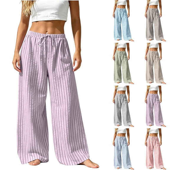 Wide Leg Pants for Women LSQii Casual Striped Straight Elastic Waist Wide Leg Pants Breathable Loose Relaxed Fit Trousers with Pockets Travel Vacation Summer Wear 2056 (Pink,L)