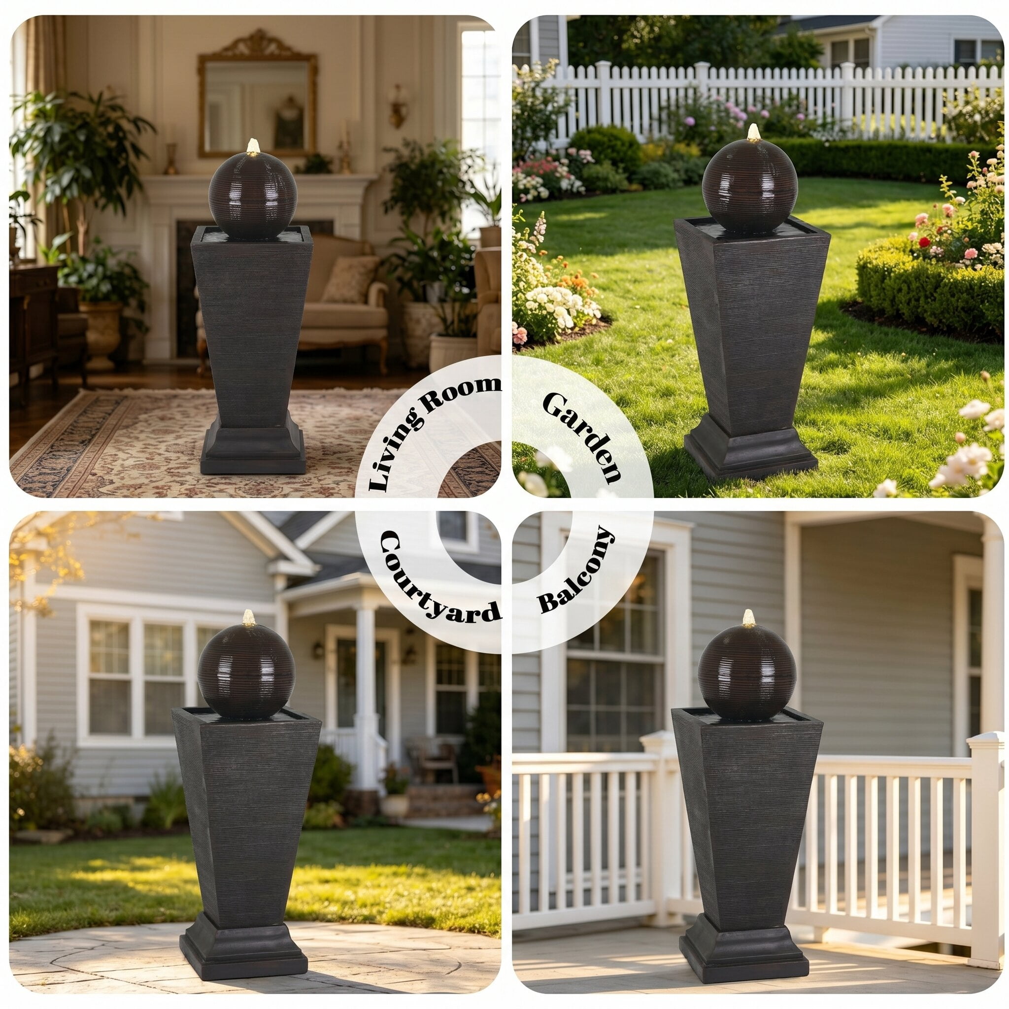 35.50" H Modern Outdoor Water Fountain with LED Light, Resin Sphere Pedestal Water Feature with Recirculating Pump for Patio, Garden, Yard Decor, Brown