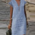 thumbnail image 3 of Lindbes 2024 Nouvelle Robe d'Été pour Femme en Coton et Lin Mode Unie Ajourée à Col en V Mini Robes Femme Décontractée à Manches Courtes Robes Vestido, 3 of 5