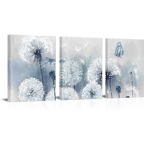 3 Pieces Blue Dandelion Canvas Wall Art Abstract Wish Flower Butterfly Picture for Bathroom Bedroom Kitchen Wall Decor Ready to Hang 12x16inchx3pcs (Blue)