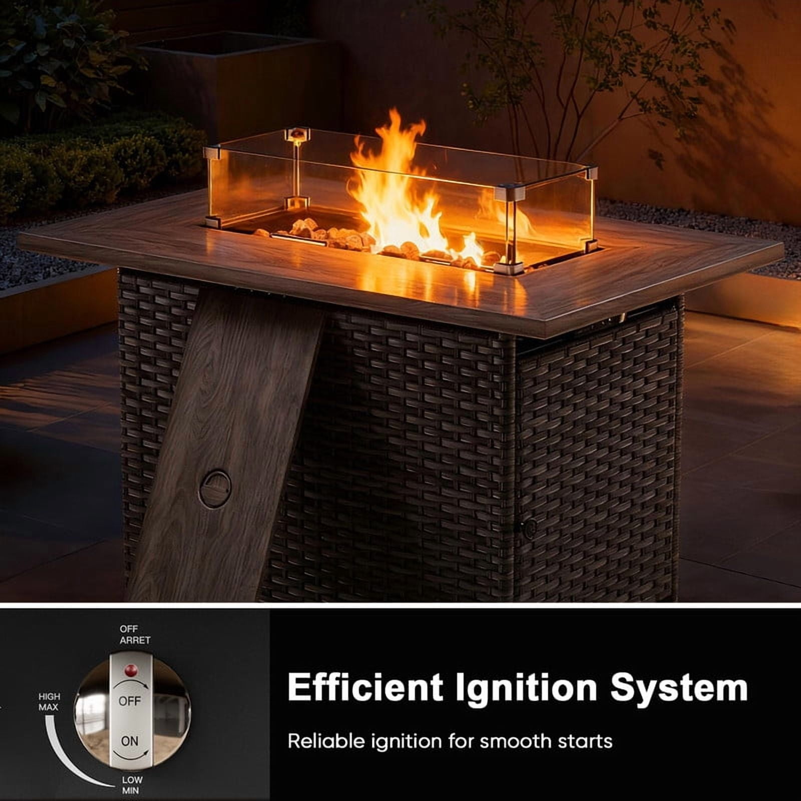 Giantfurnni 41" Propane Fire Pit Table with Lid, Outdoor Wicker 50,000 BTUs Rectangle Gas Fire Pit Table with Glass Wind Guard and Lava Rocks for Balcony Porch Deck