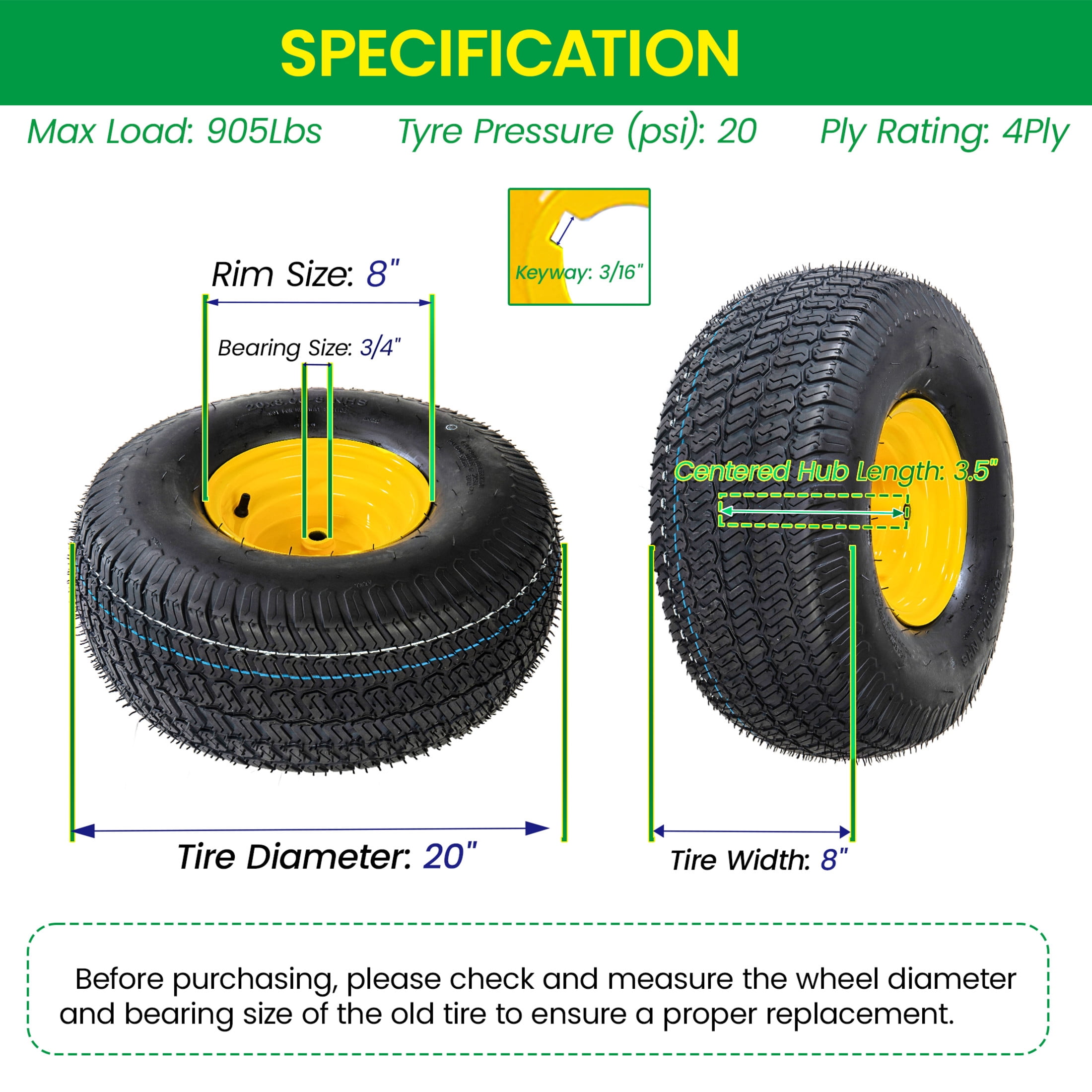 Noble House 20" x 8" Lawn Mower Tires & Wheel Assembly with Steel Rim, Tubeless Heavy Duty, Black & Yellow, Set of 2