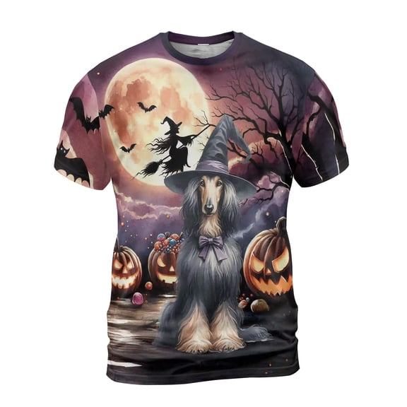 Spooky Halloween Night Witch Afghan Hound Glowing Pumpkins All Over Print 3D Shirt Unisex Merch Dog Lover - 12015
