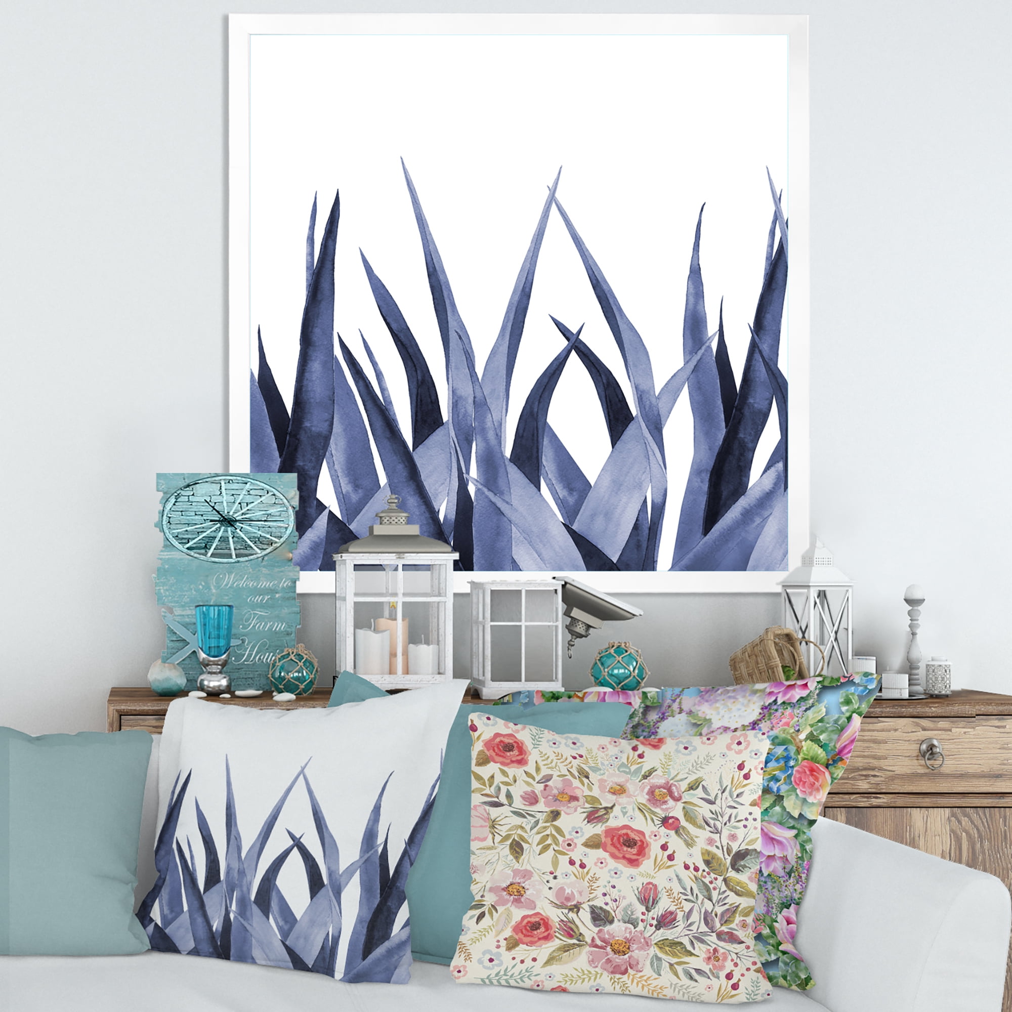 Designart 'Close Up Navy Blue Agave Leaves' Traditional Framed Art Print