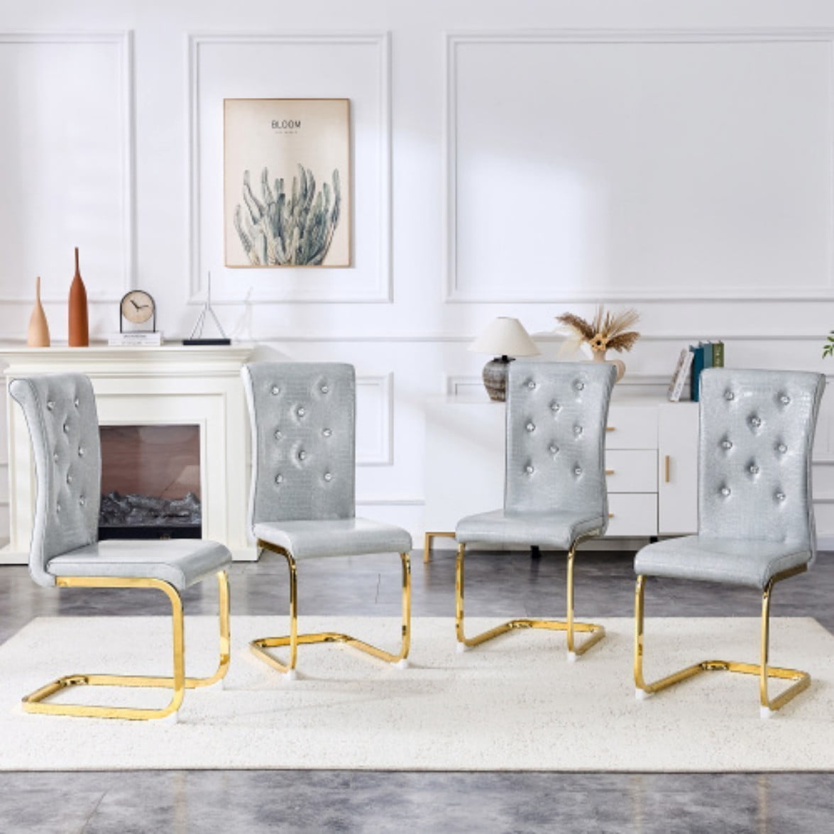 Set of 4 Retro Dining Chairs, Faux Alligator Leather Upholstered Chairs with Crystal Button Details & Gold-Plated Bent Metal Legs, 400 LBS, Gray & Gold