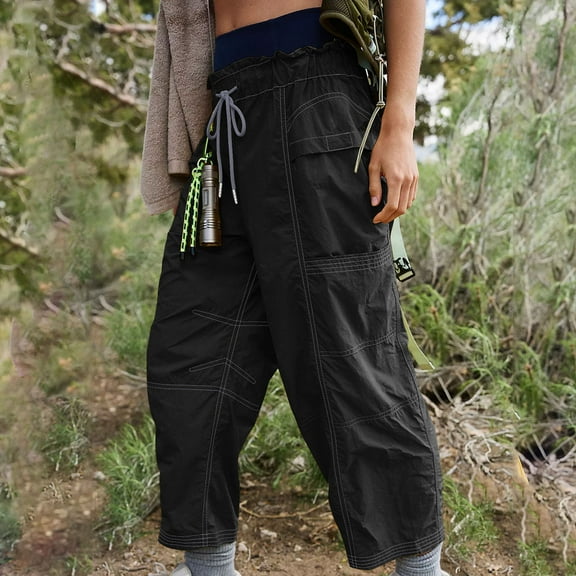 qolati Cargo Pants Women Drawstring Hiking Wide Leg Sweatpants Lightweight Quick Dry Outdoor High Waisted Baggy Lounge Pants with Pockets Black S