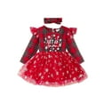 thumbnail image 1 of Qmyliery Toddler Girls Christmas Tulle Patchwork Dress Long Sleeve Ruffle Plaid Letter Print Dress with Headband, 1 of 9