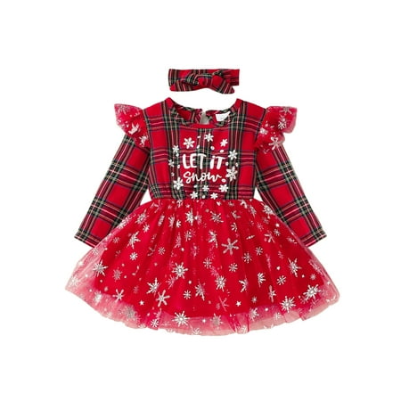 

Bagilaanoe Toddler Baby Girl Christmas Dress Long Sleeve Ruffle Plaid Letter Print Dress + Headband 3M 6M 9M 12M 18M 24M 3T Infant Tulle Patchwork Dresses