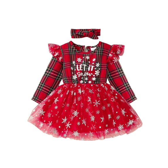Qmyliery Toddler Girls Christmas Tulle Patchwork Dress Long Sleeve Ruffle Plaid Letter Print Dress with Headband