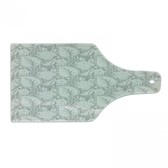 Grey Cutting Board, Big Leaves on Old Fashion Floral Background Feminine Dramatic Style Retro Graphic Print, Decorative Tempered Glass Cutting and Serving Board, Wine Bottle Shape, Grey, by Ambesonne