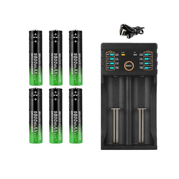 1Pcs 2-Slot Li-Ion Battery Charger + 6Pcs 3.7V 18650 9800MAh Battery for Rechargeable Battery 18650