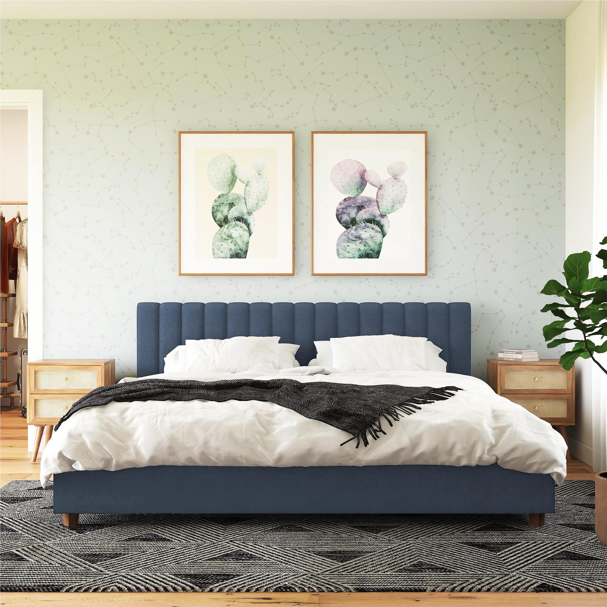 Novogratz Brittany Tufted Upholstered Bed Frame, King, Blue Linen