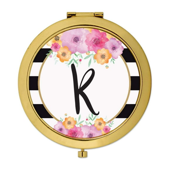 Koyal Wholesale Compact Mirror Bridesmaid's Wedding Gift, Gold, Monogram Letter K, Modern Black White Stripes , 1-Pack
