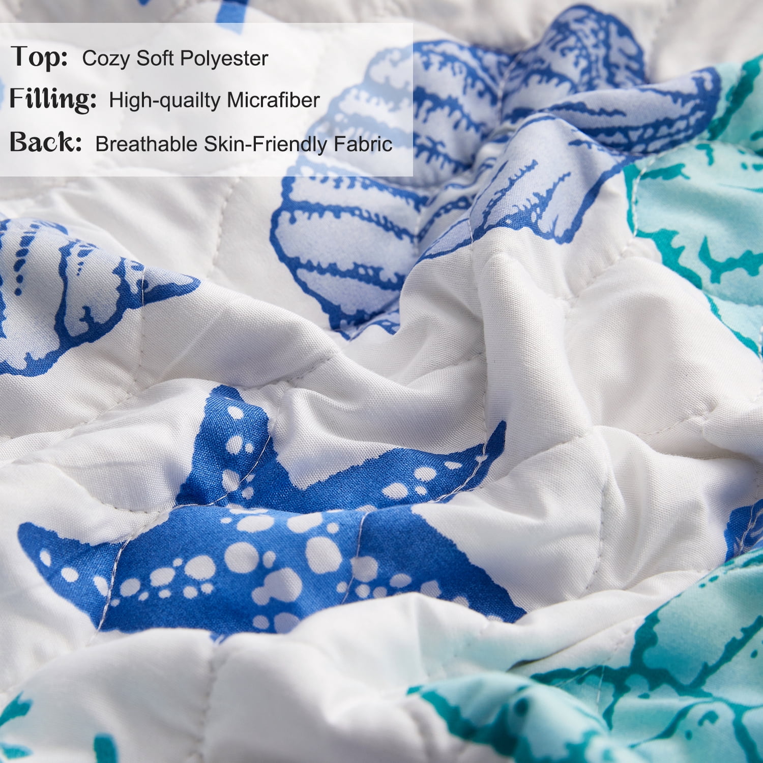 Kebury Ocean Beach Quilts Bedding Set Twin Size Lightweight Patchwork Coastal Quilted Bedding Blue Ocean Printed Coverlets Conch Seashell Starfish Seaweed Bedspreads (1 Quilt, 2 Pillow Shams)