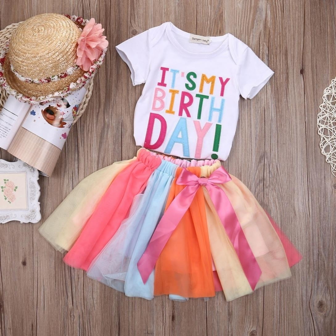 Toddler Kids Baby Girls Outfits Clothes Tshirt Tops+Rainbow Dress