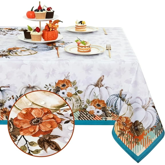 Fall Tablecloth, Pumpkin Maple Leaf Thanksgiving Table Cloth, Floral Tablecloths, Blue Orange Buffalo Plaid Waterproof Table Cover for Autumn Harvest Party Picnic Dinner, 60 in x 84 in, Rectangle
