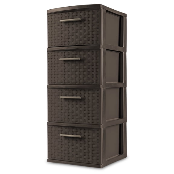 Sterilite 4 Drawer Weave Tower, Plastic Décor Drawers with Pull Handles, Brown