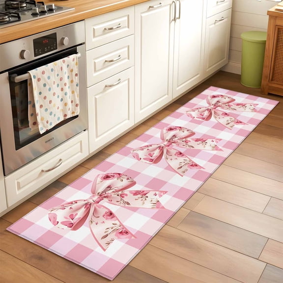 2'x6' Rug Runners for Hallways Kitchen, Pink Floral Print Non Slip Entryway Beside Floor Carpet Runner, Checkered Bow Rose Flower Gingham Washable Laundry Room Bedroom Throw Rugs Mat for Family Pet