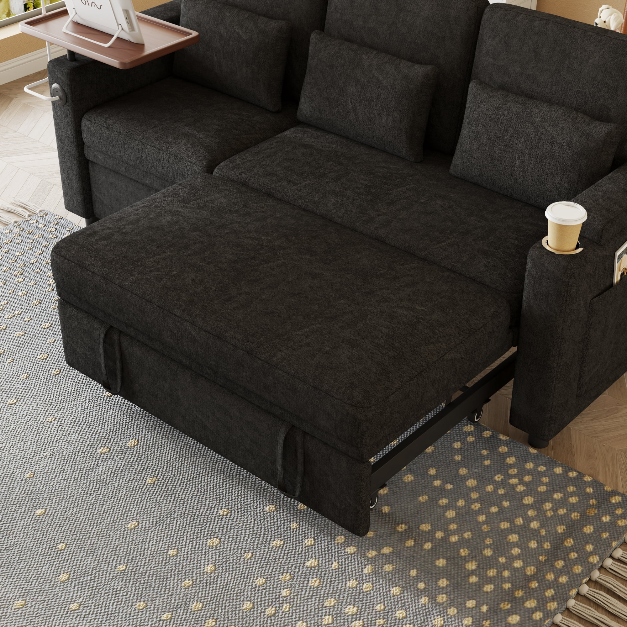 ShiKeyi 83" 3-in-1 Convertible Sofa Bed, Chenille 3 Seater Couch with Sleeper Sofa Function, Adjustable Backrest, USB Ports & Storage Armrests, Black