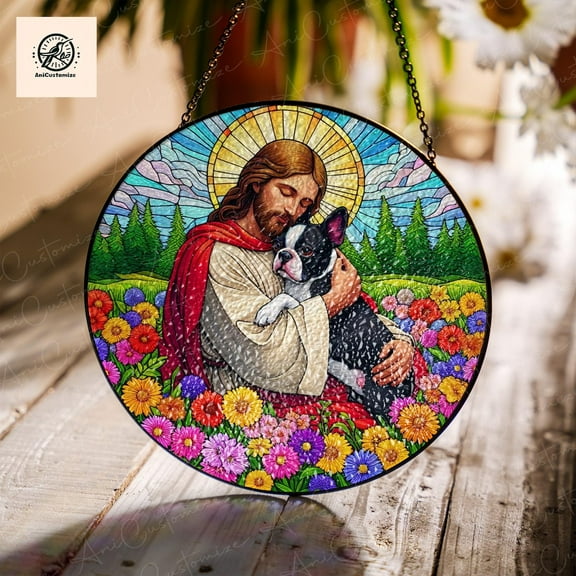 Jesus Hugging Boston Terrier GLASS Suncatcher Decor, Funny Christian,Funny Decor, Christian Gift, Dog Lover Decor, Funny Animal Gift