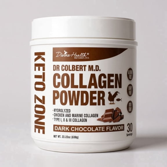 Dr. Colbert, MD Hydrolyzed Collagen Powder | Chocolate Flavor | by Divine Health | Type I, II, III Chicken & Marine Collagen | Keto Zone | Support Hair, Skin, Nails & Joints | 630g | 30 Servings
