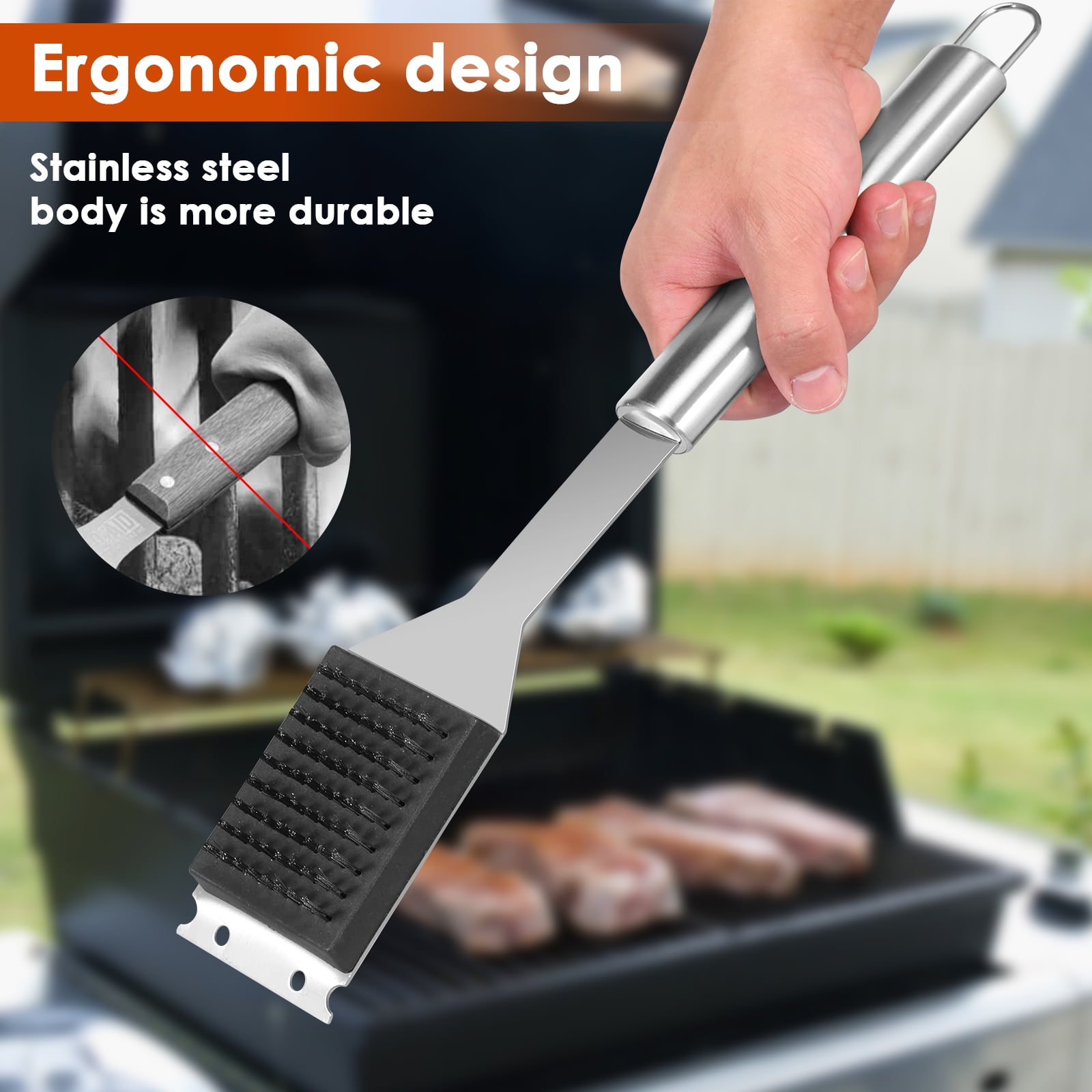 Vensio -2 Pack Heavy Duty Stainless Steel BBQ Grill Brush and Scraper Set, Professional Grill Cleaner with Ergonomic Long Handle for Gas Charcoal and Pellet Grills, BBQ Tools
