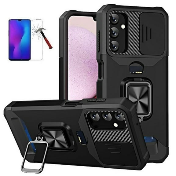 Phone Case for Samsung Galaxy A14 5G,  Ring Stand Hybrid Case Cover   Tempered Glass (Black)