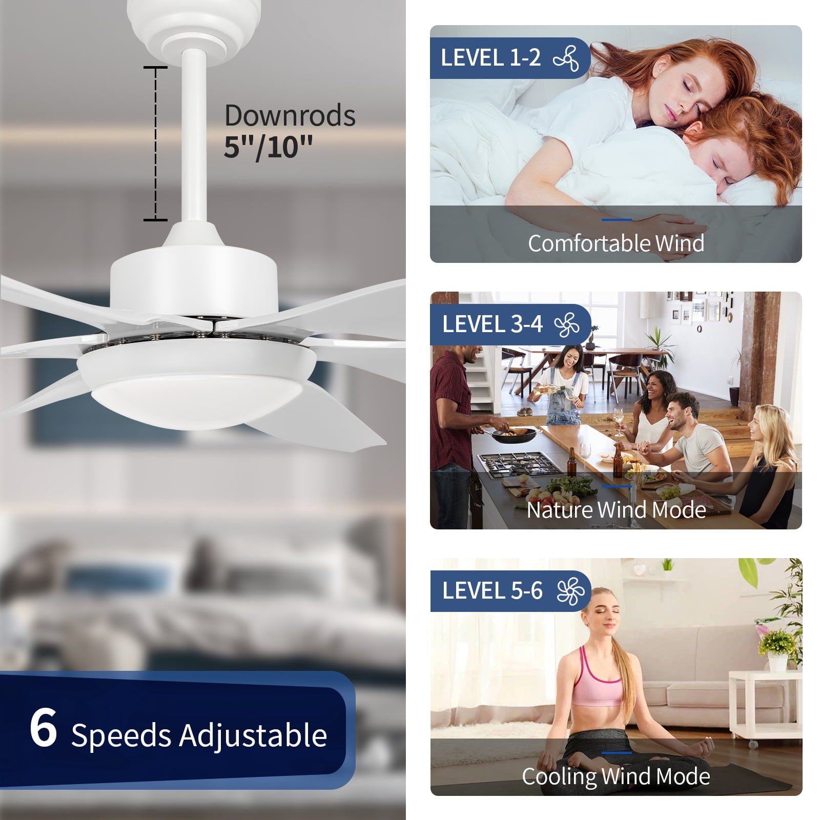 Wozzio 65 inch Ceiling Fan with Light and Remote, 3CCT Dimmable LED Light, 6 White ABS Blades, Indoor & Outdoor