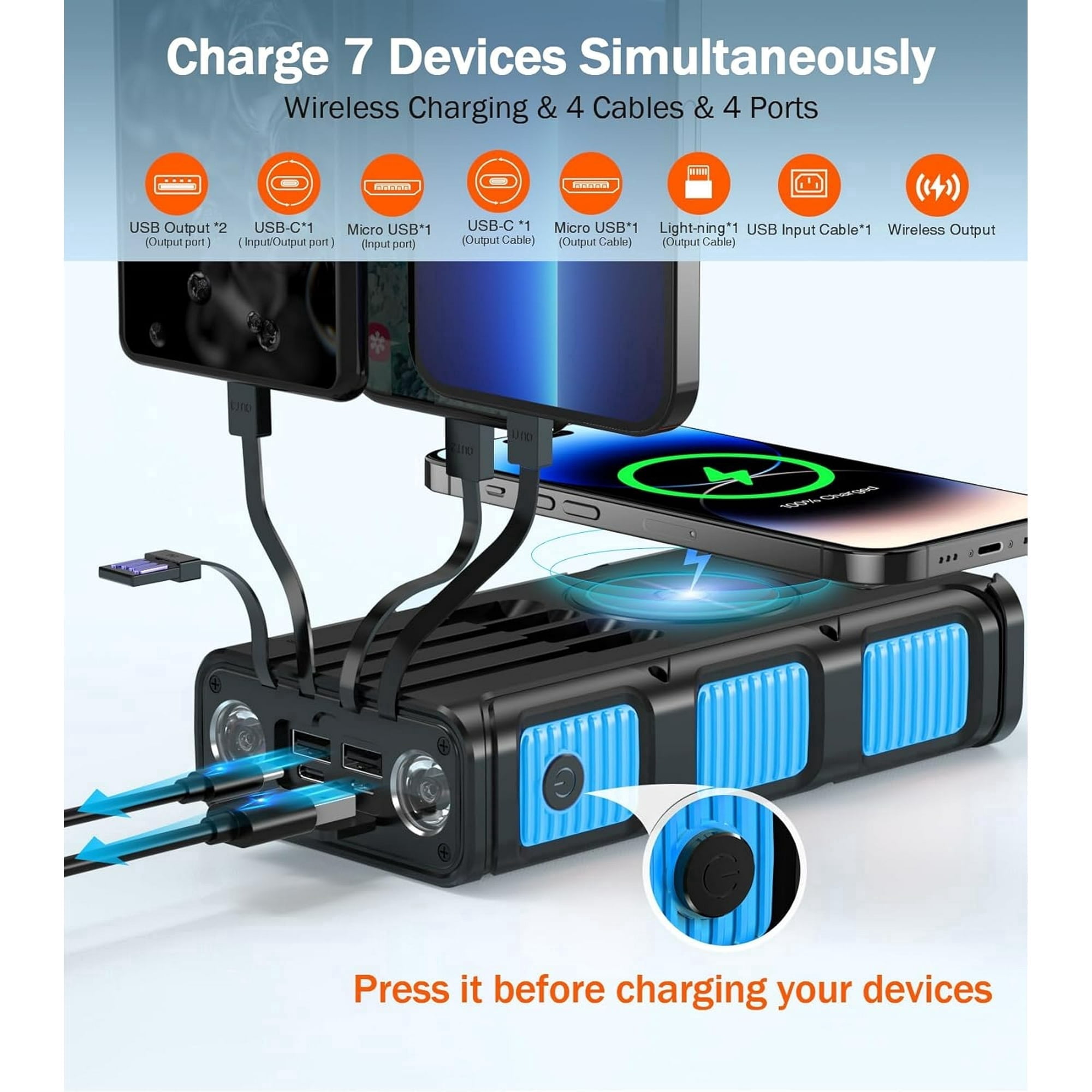 45800mAh Solar Power Bank 15W with Hand Crank & Cables & Wireless Charger, Solar Charger Compatible for iPhone, Android Phone