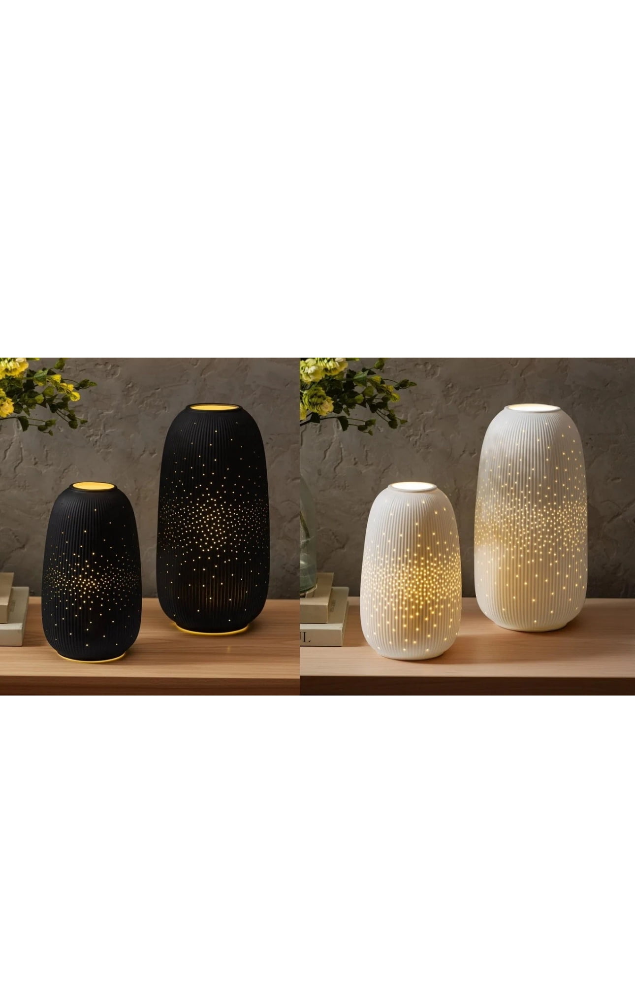 Evergreen LED Porcelain Lanterns, Set of 2, Decorative Ceramic Lanterns with Warm White LED Lighting