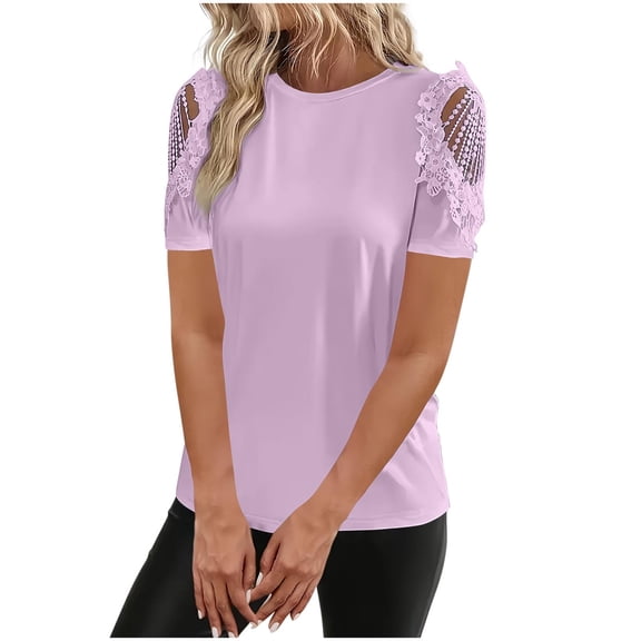 Lace Short Sleeve T-Shirt for Women Summer Round Neck Pullover Tee Loose Casual Tops ,Purple,4XL