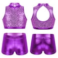 thumbnail image 7 of inhzoy Kids Big Girls 2PCs Gymnastic Dance Outfit Sets Shiny Metallic Crop Top with Shorts,Sizes 6-14 Purple 12, 7 of 7