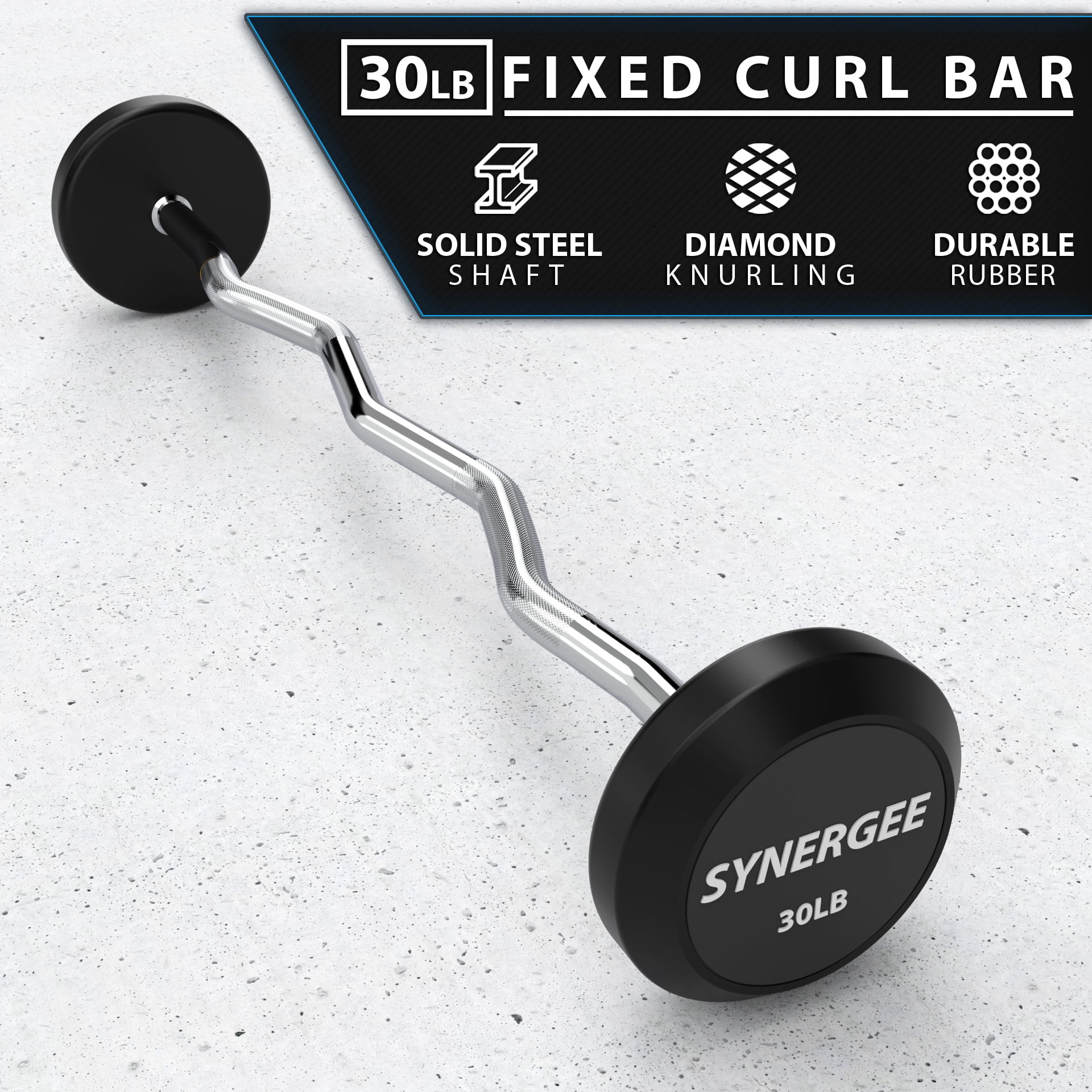 Synergee Fixed 30LB Easy Curl Bar Pre Weighted Curved Steel Bar with Rubber Weights - Fixed Weight