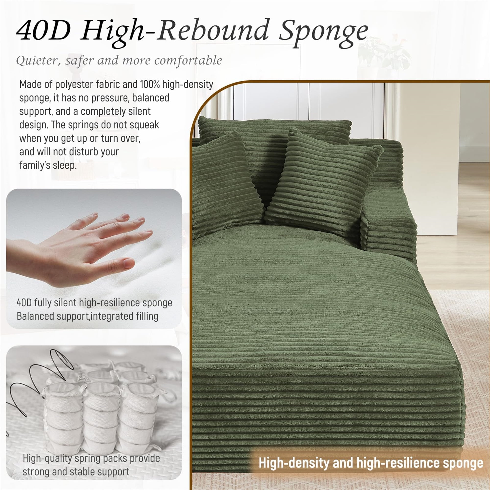 Aukfa Chaise Lounge Oversized Indoor Chair Boneless Couch for Living Room, 3Pillows, Green