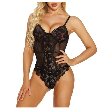 

Womens Lingerie Set YDKZYMD 1 Piece Snap Crotch Eyelash Sexy Pajamas Underwear See Through Lace Bodysuit Bra and Panty Multicolor