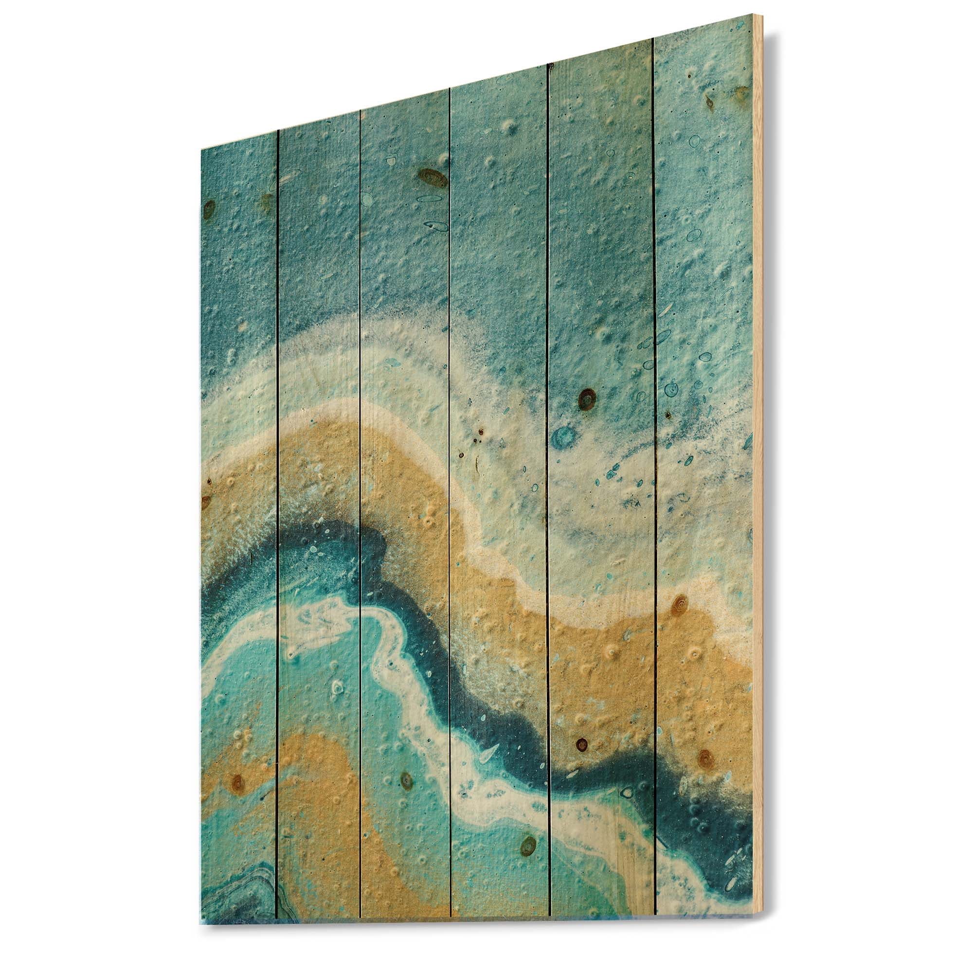 Designart 'Abstract Composition In Blue and Yellow VI' Modern Print on Natural Pine Wood