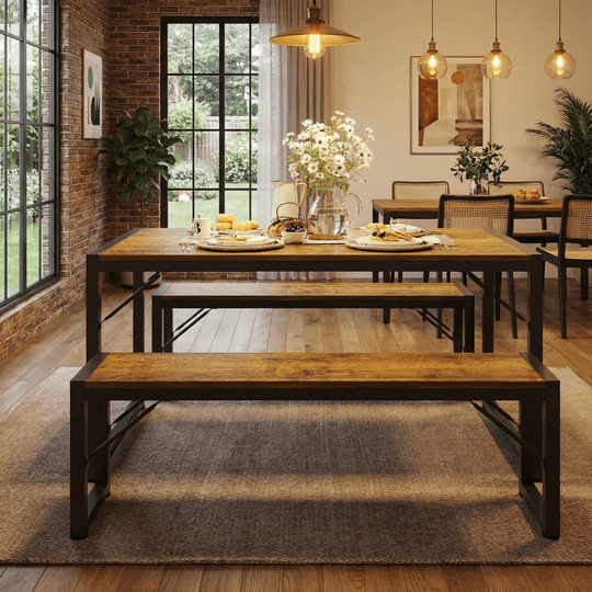 Aiho 45.5" Dining Table Set for 4, Kitchen Table with 2 Benches, Wood Dinette Sets with Metal Frame - Retro