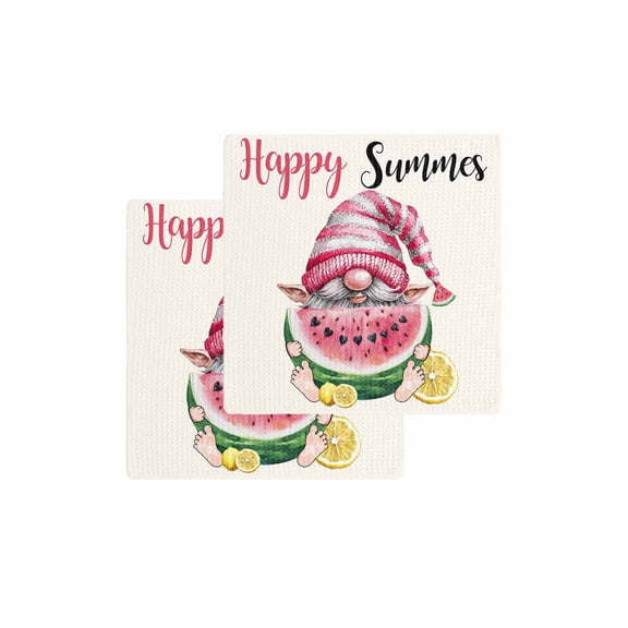 Cute Gnomes Kitchen Dish Towels for Drying Dishes Set of 2, Red Watermelon Summer Country Rustic Retro Waffle Weave Microfiber Terry Hand Tea Bathroom Towels Quick Dry & Absorbent Towel 12x12
