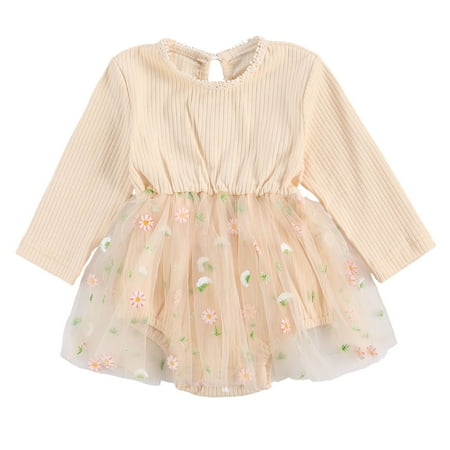 

Ehfomius Baby Girls Long Sleeve Romper Floral Tutu Skirt Style Jumpsuit Knit Crew Neck Princess Bodysuit
