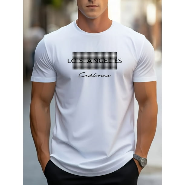 Los Angeles Graphic Men's Short Sleeve T-shirt, Comfy Stretchy Trendy Tees For Summer, Casual Daily Style Fashion Clothing, As Gifts