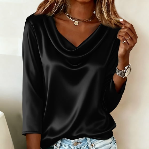 Fgvctg Satin Blouses For Women Silk Elegant Pure Color Long Sleeve Tops Crewneck Shirt Dressy Casual Business Work Blouses Black 2XL