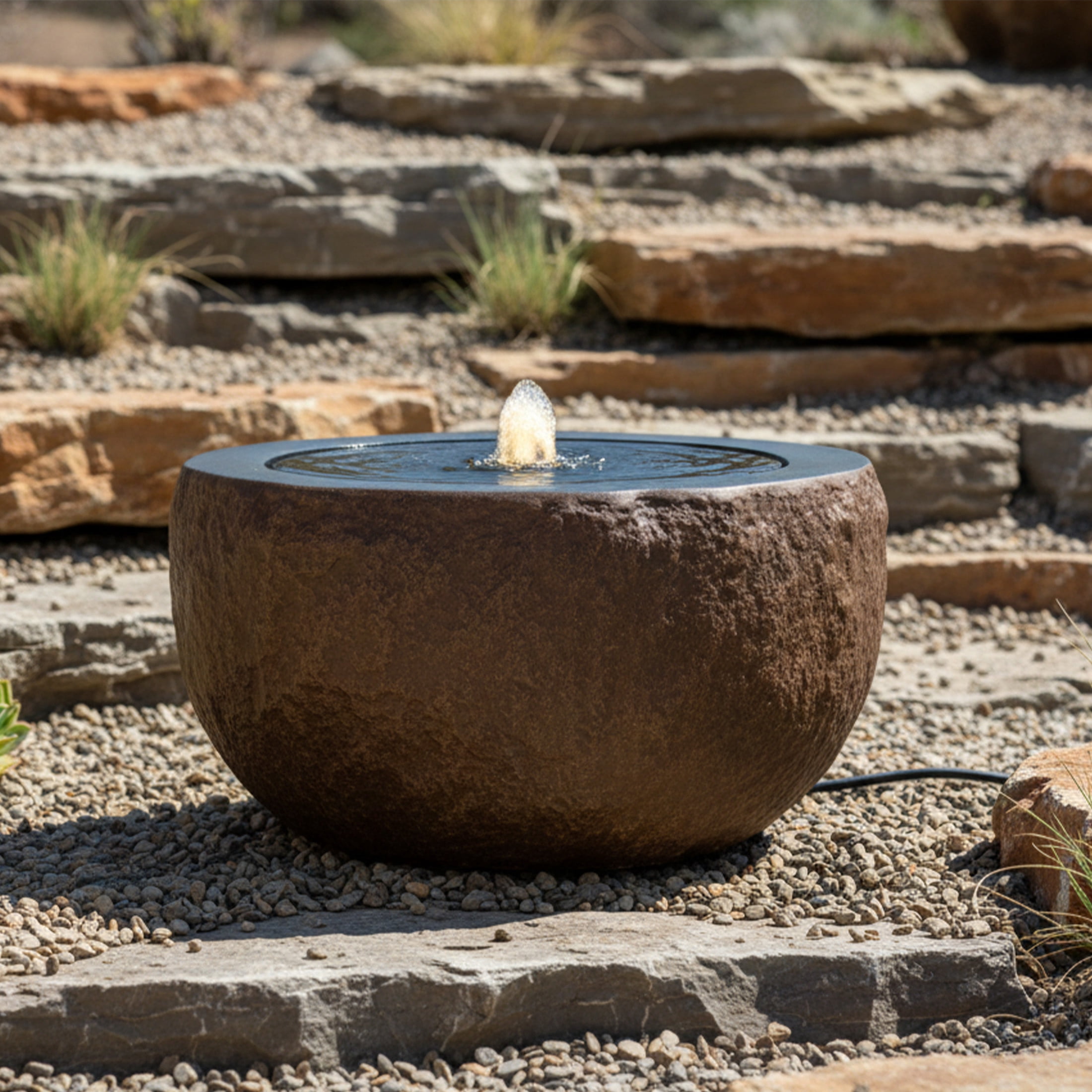 Sunnydaze Round Bowl Brown Outdoor Bubble Fountain, LED Light