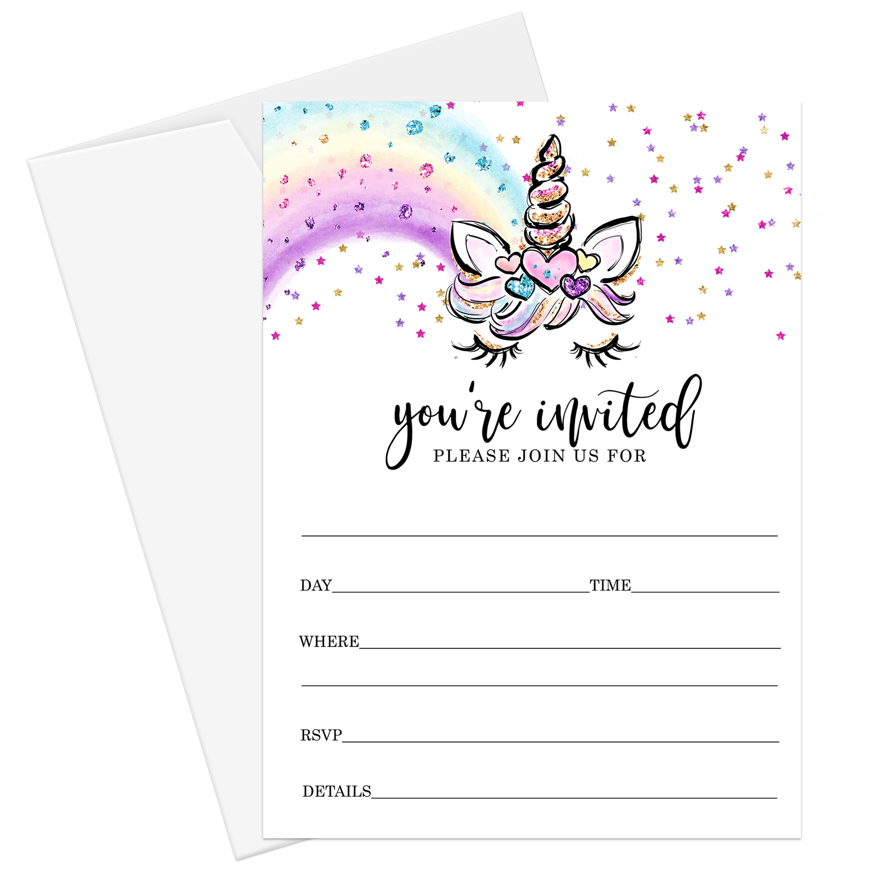 Unicorn Invitations and Envelope Pack of 25 Girls Birthday Invites Rainbow Baby Shower Fill In Blank Card Set Cute Whimsical Star Event Supplies Pink Gold Purple