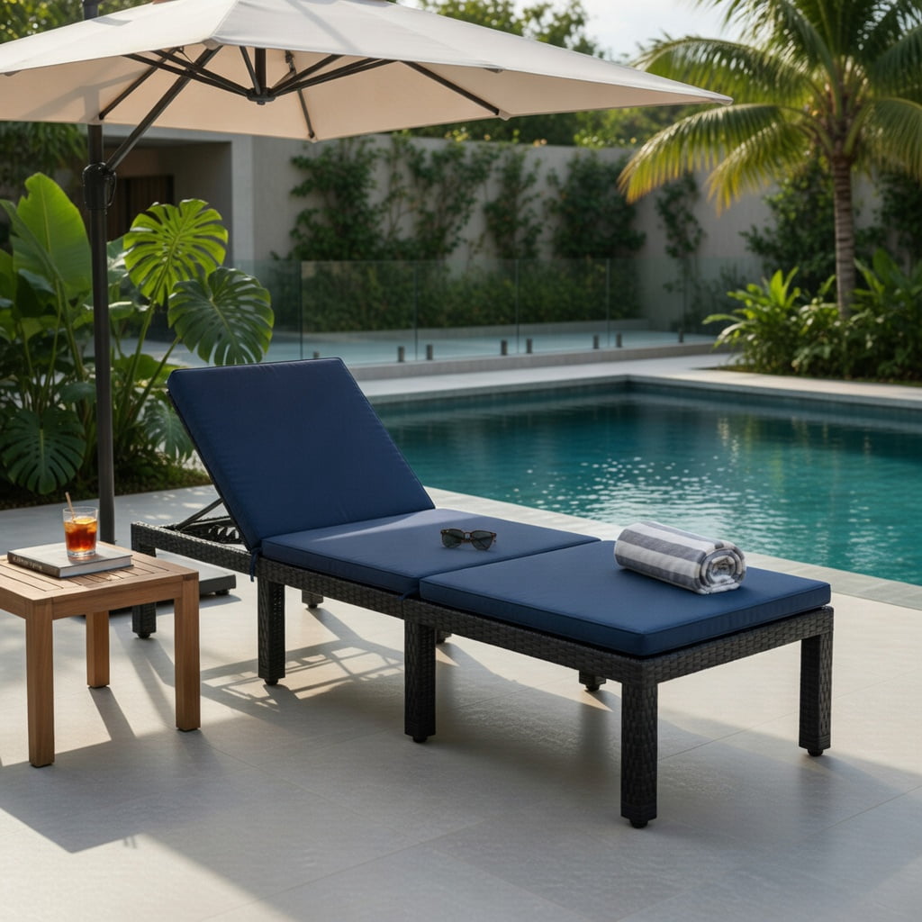Hommoo Adjustable Height Outdoor Rattan Lounge Chair with Cushion, PE Wicker Patio Chair for Poolside, Garden & Porch, Navy & Off-White