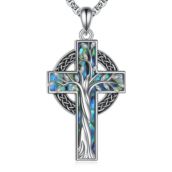 Tree of Life Necklace 925 Sterling Silver Cross Pendant Abalone Shell Jewelry Gifts For Women