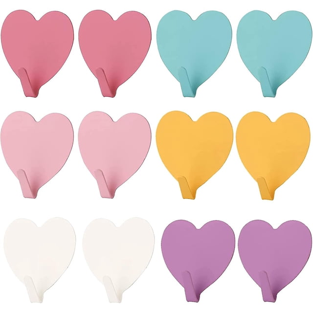 12 ganchos adhesivos, gancho de pared de acero inoxidable, gancho de pared adhesivo, forma de corazón colorido