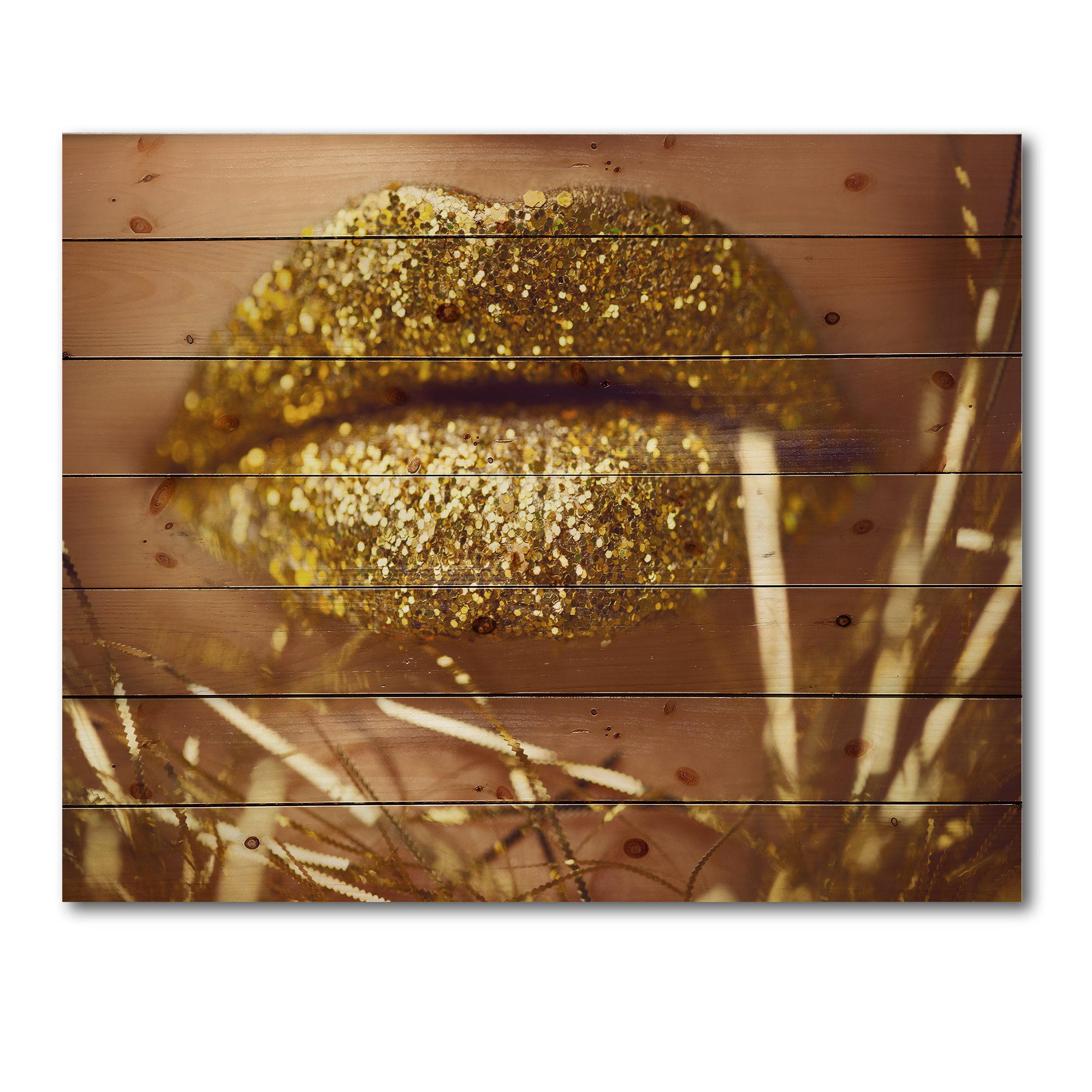 Designart 'Golden Female Lips' Modern Print on Natural Pine Wood