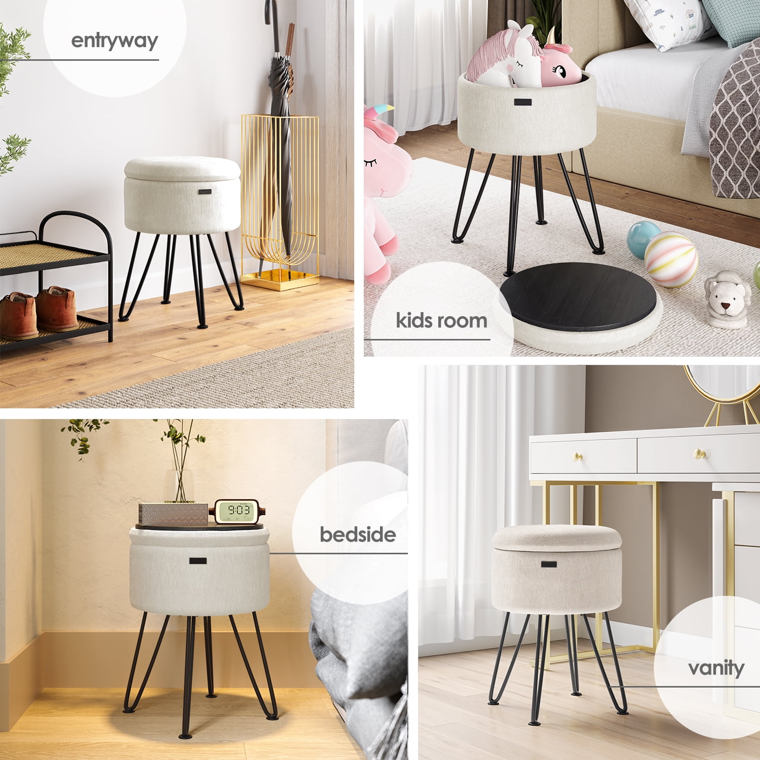 LammaLoe Small Round Ottoman with Storage, Textured Velvet Ottoman Foot Stool with Lid, Upholstered Vanity Stool for Living Room & Bedroom, Cream