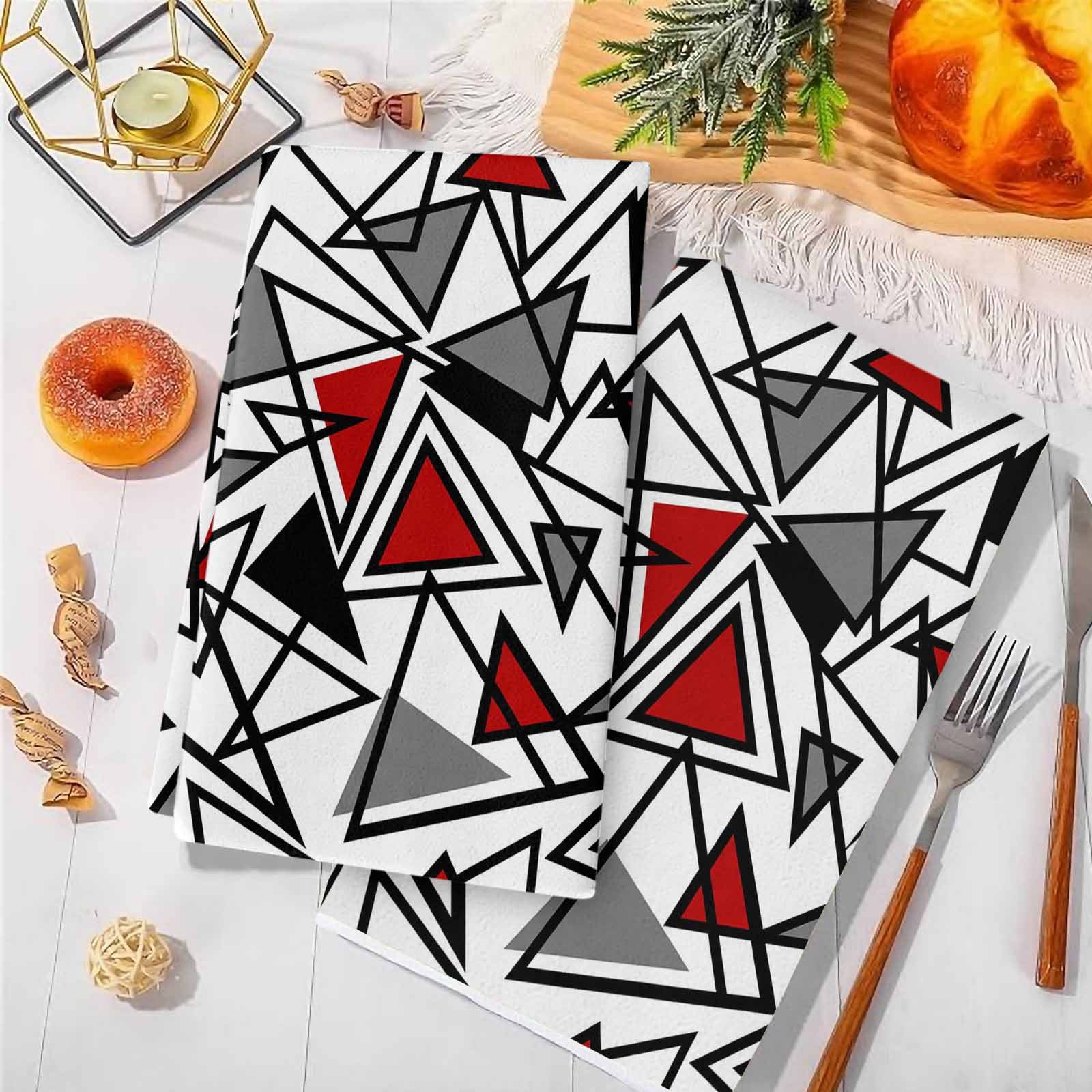 Dish Towels, Red Grey Geometric Absorbent Kitchen Towels 2 PCS, Triangle Modern Art Microfiber Hand Towels Dish Cloths Tea Towels for Home&nbsp;Bathroom Cleaning Drying,18X28-Inch,